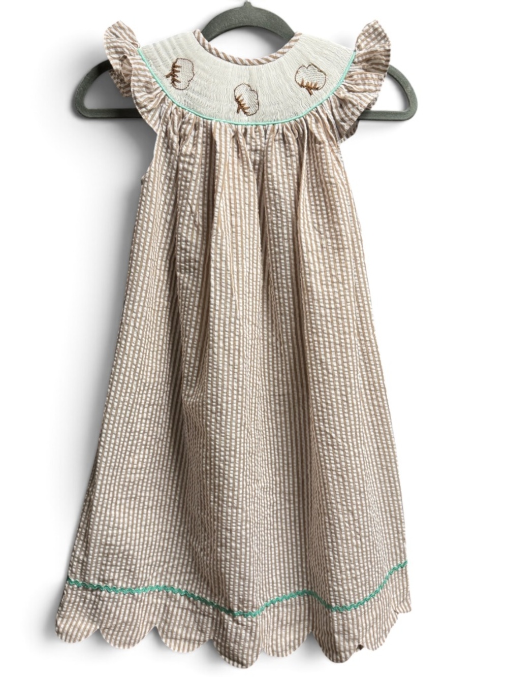 AWE Smocks Girls 6 Smocked Bishop Dress Seersucker Cotton Boll Fall Thanksgiving
